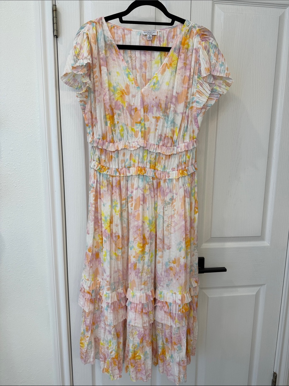 Current Air Watercolor Floral Pleated Ruffle Midi Dress Size Medium